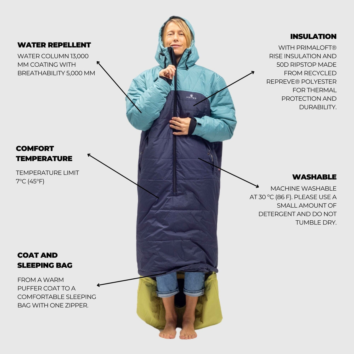 sleeping bag jacket tent VOITED Premium Slumber Jacket for Camping, Vanlife & Indoor - Arcticblue / Graphite / Dustysand