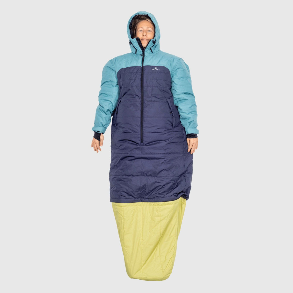 sleeping bag jacket tent VOITED Premium Slumber Jacket for Camping, Vanlife & Indoor - Arcticblue / Graphite / Dustysand