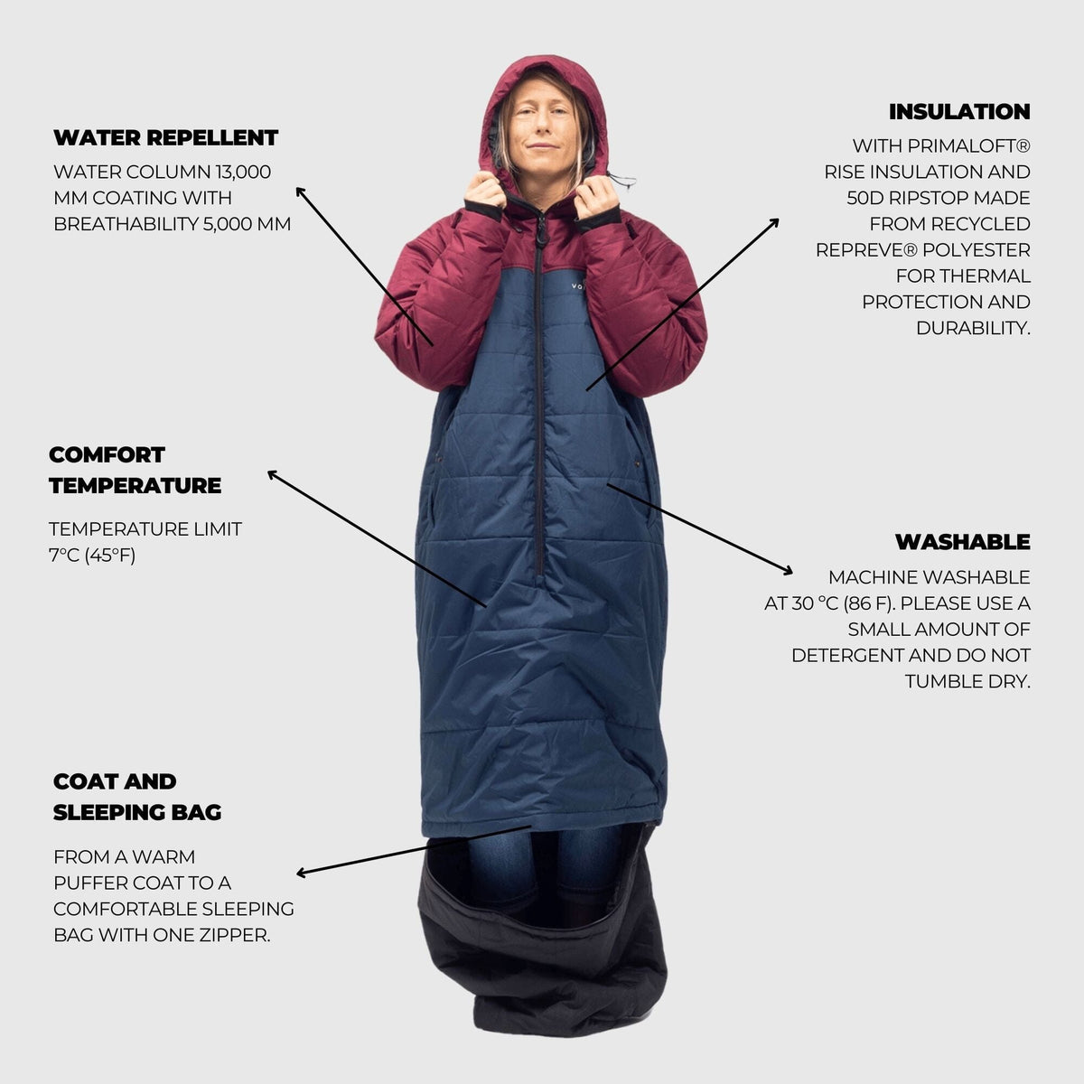 sleeping bag jacket tent VOITED Premium Slumber Jacket for Camping, Vanlife & Indoor - Cardinal / Navy / Black
