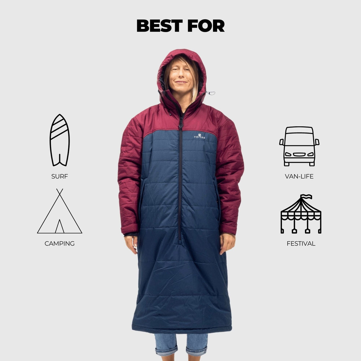 VOITED Premium Slumber Jacket for Camping, Vanlife & Indoor - Cardinal / Navy / Black